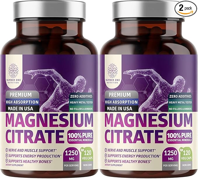 2-Pack Pure Magnesium Citrate Capsules 1250mg Easily Absorbed and Purified Trace Mineral for Muscle and Digestive Support 240 Caps
