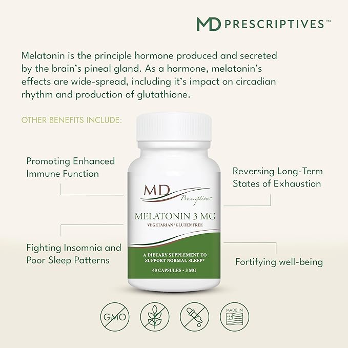MD Prescriptives Melatonin 3mg Supplement for Men &amp Women - Promotes Deep Sleep Supports Immune Balance &amp Glutathione Production - 60 Daily Capsules