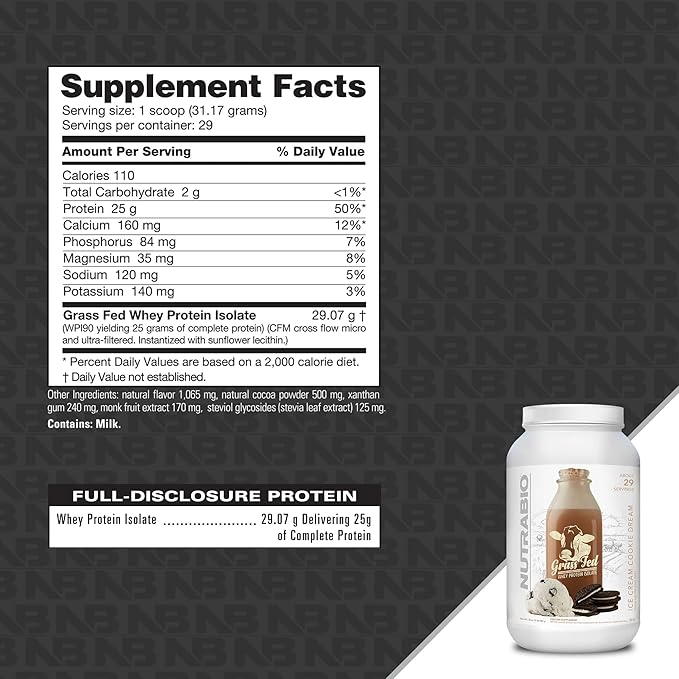 NutraBio Grass Fed Whey Isolate Protein Powder - 25G of Protein per Scoop - Sugar Free Natural Lean Muscle Supplement - Ice Cream Cookie Dream - 2 Pounds 29 Servings