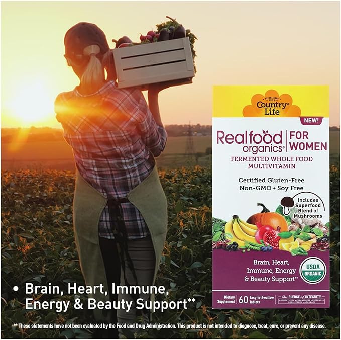 Country Life Realfood Organics Women’s Multivitamin – USDA Organic Vegan Gluten-Free – 1300mg Fermented Whole Foods Vitamins D E B Folate &amp Biotin – Daily Energy &amp Beauty – 60 Tablets
