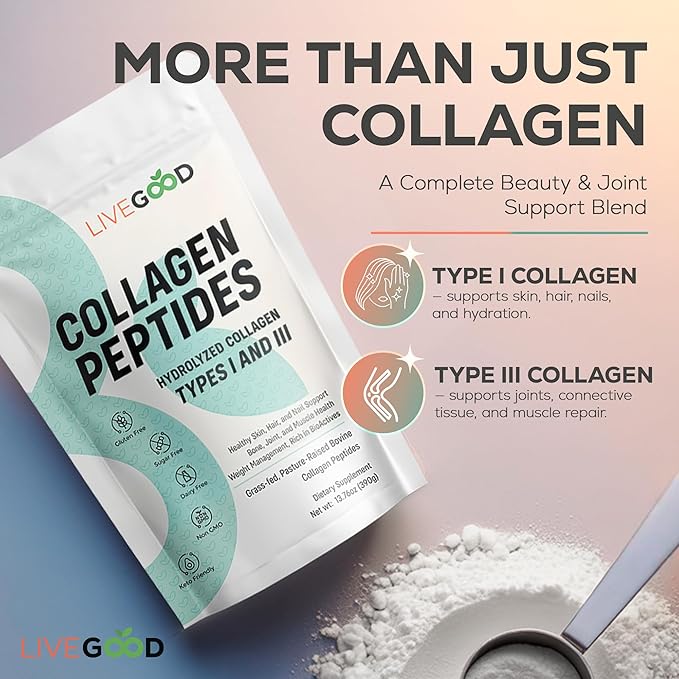 LIVEGOOD Collagen Peptides Powder Hydrolyzed Type I and III Collagen for Hair Skin Nails and Joints Unflavored Grass-Fed Collagen Supplement for Mobility and Recovery (30 Servings)