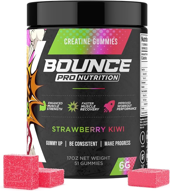Bounce Pro Creatine Monohydrate Gummies for Men &amp Women Low Calorie 6G of Creatine per Serving Vegan Anti-Melting Gluten-Free Non-GMO (51 Count (Pack of 1) Strawberry Kiwi)