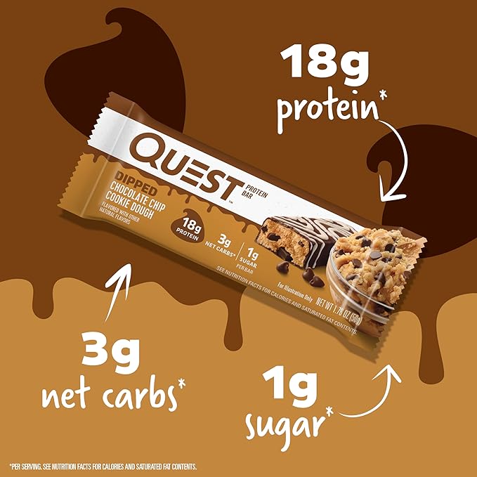 Quest Nutrition Dipped Chocolate Chip Cookie Dough Protein Bars 18g Protein 3g Net Carbs Gluten Free 1.76 Oz 12 Count