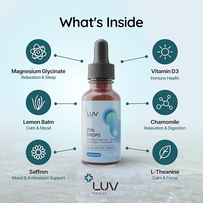 LUV health Zen Drops 3Pack: Stress &amp Anxiety Support Drops with Magnesium Glycinate Vitamin D3 Lemon Balm Chamomile Saffron L-Theanine. Keto Vegan USA Made Non-GMO 90 Servings