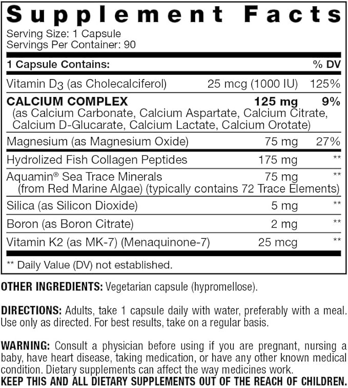 Bone Support with Calcium Vitamin D3 &amp K2 (MK-7) Magnesium Marine Collagen &amp Sea Trace Minerals | Supports Bone Density &amp Strength Improves Mineral Absorption - 90 Capsules
