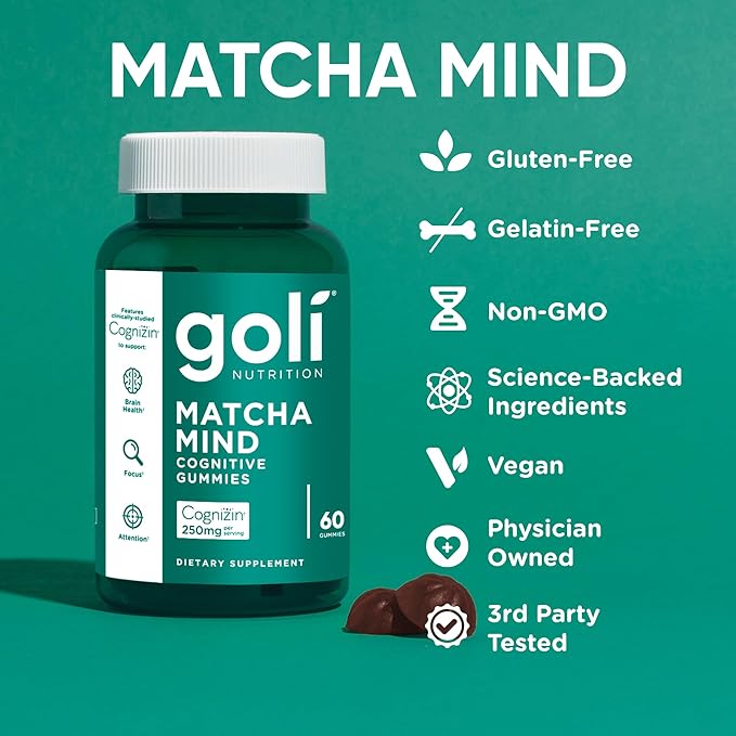 Goli Matcha Mind Gummies - 5 Pack - Green Tea Leaves Powder with Cognizin for Focus Attention and Brain Health Vegan Non-GMO Gluten-Free &amp Gelatin Free - 300 Count