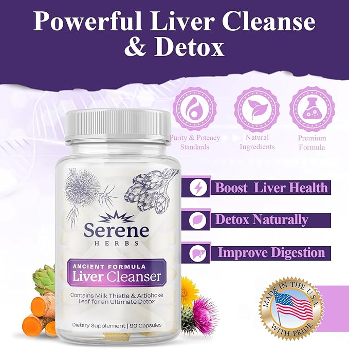 Serene Herbs Liver Cleanse Detox &amp Repair Formula – Pure Health Liver Support with Milk Thistle Artichoke &amp Dandelion Root for Fatty Liver &amp Liver Health Herbal Detox Supplement Capsules