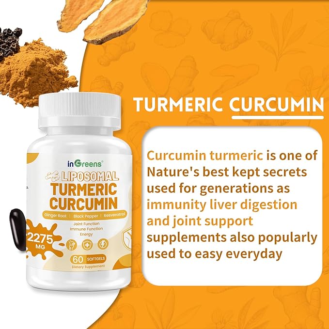 Turmeric Supplement 2275mg 95% Curcumin Liposomal Curcumin for Best Absorption Curcumin Supplement for Joint Support Bottled in USA - 60 Softgels