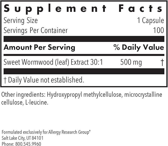 Allergy Research Group Artemisia Dietary Supplement - Microbial Balancer Sweet Wormwood Extract Hypoallergenic Vegetarian Capsules Gluten Free - 100 Count