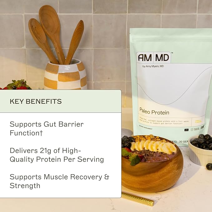 Amy Myers MD Paleo Protein Powder - with Collagen Peptides for Gut Health - Supports Hair Skin &amp Nails - Non-GMO Gluten-Free Non-Dairy &amp More - Vanilla Bean - 19.54 oz (20 Servings)