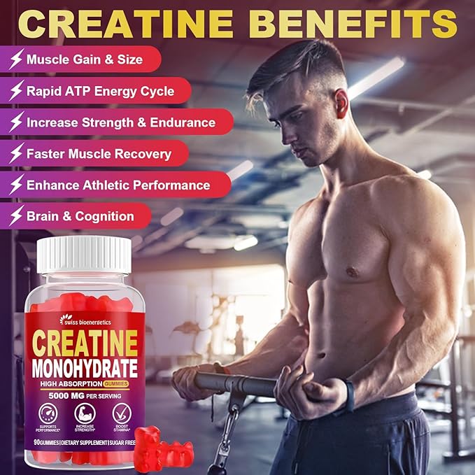 Creatine Monohydrate Gummies Infused with 5g Creatine for Men and Women Chewable Creatine Monohydrate for Muscle Strength Muscle Builder Energy Boost Pre-Workout Supplement- 180 Raspberry Gummies