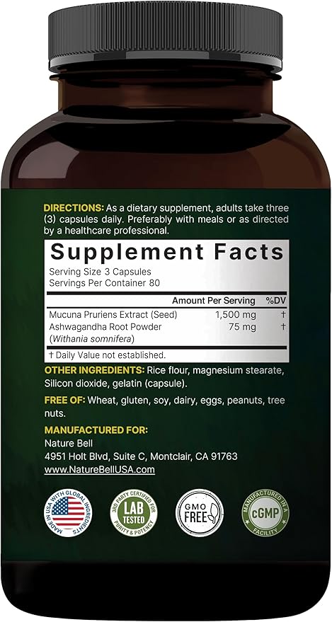 Mucuna Pruriens Capsules Triple Strength 1500mg Per Serving 2 in 1 Formula Made with Mucuna and Ashwagandha 240 Capsules Potent Seed Extract Positive Mood Relaxation &amp Restoration Support