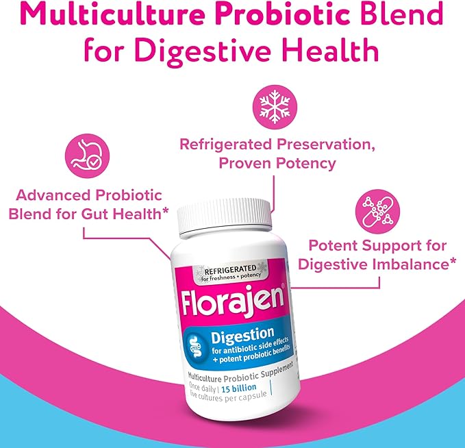 Florajen Digestion Probiotic - Advanced Gut Health Supplement for Constipation &amp Bloating Relief - 15 Billion Live Cultures - Multi-Strain Formula - Refrigerated for Potency &amp Freshness - 90 C