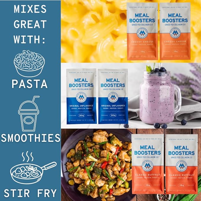 Meal Boosters MB Variety Pack Sampler Savory Protein Supplement Cheesy Cheese Buffalo Unflavored Grass-Fed Collagen Muscle Growth Tendon Ligament Hair Skin Repair Gut Health