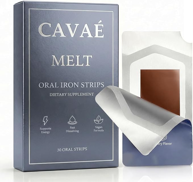 Cavae Oral Iron Strips - Oral Dissolving Film Ferrovia Iron Supplement for Women 19 mg Iron with Folate Fast-Dissolve Raspberry Flavor 30 Day Supply