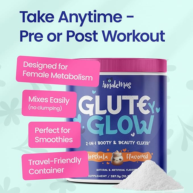 Glute Y Glow by Amatemas – Women's Creatine + Biotin Supplement for Muscle Growth Glute Support Hair Skin &amp Nails – Horchata Flavor – Energy Support – Lean Muscle – Daily Performance Blend