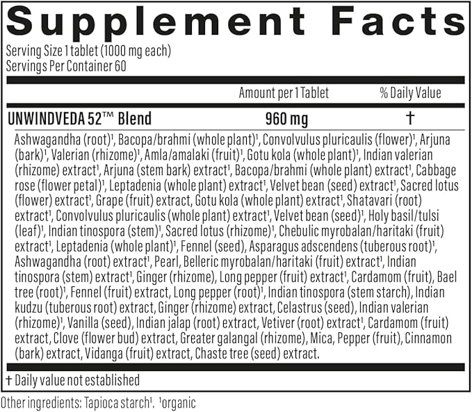 UnwindVeda 52™ Emotional Balance &amp Stress Relief | Ayurvedic Adaptogen for Mood Calm &amp Mental Clarity | Vegan Supplement with Brahmi &amp Ashwagandha | 60 Tablets