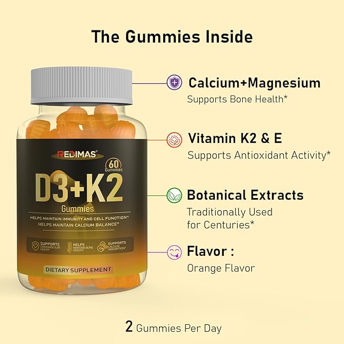 Calcium Gummies with Vitamin D3 K2 and Vitamin E Chewable Calcium and Magnesium Supplement with Multi-Vitamin Complex Gummy Format for Daily Nutrient Intake for Women and Men 60 Gummies