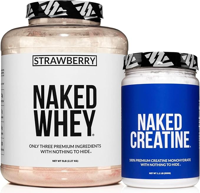 NAKED Strawberry Whey Protein Powder 5LB (61 Servings) + Pure Micronized Creatine Monohydrate 500g (100 Servings) – Bulk Grass-Fed Non-GMO Gluten Free Soy Free