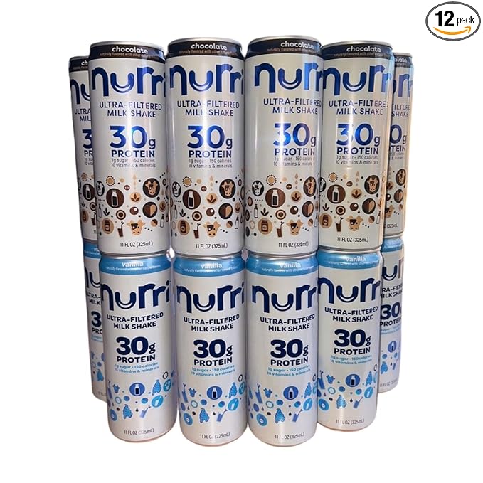 Combo-nurri 12-Pack Ultra-Filtered Chocolate and Vanilla Milk Shake. 6 each 30g Protein 1g Sugar 150 Calories 10 Vitamins and Minerals Per Can | 12-11 Fl Oz Cans Per Package Grade A Lactose-Free
