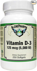 Vitamin D-3 125 mcg (5000 IU) from Lanolin in a Base of Safflower Oil - 250 Soft Gels