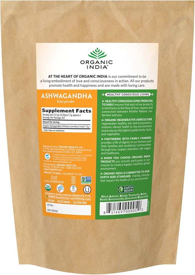 ORGANIC INDIA Ashwagandha Powder Organic - Ashwagandha Root Powder Bulk Herbal Supplement - Vegan Gluten-Free Kosher Non-GMO Supports Stress Relief Energy and Sleep - 1lb Bag