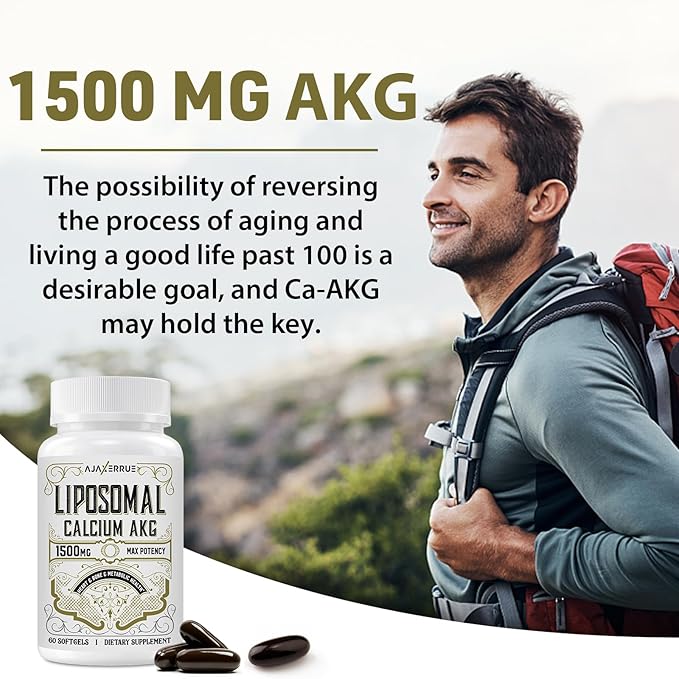 Liposomal Calcium AKG Supplement 1500 MG (Alpha-Ketoglutaric Acid) More Effective Than AAKG Ca AKG for Longevity Age Defense Cellular Energy Metabolic Function 120 Softgels