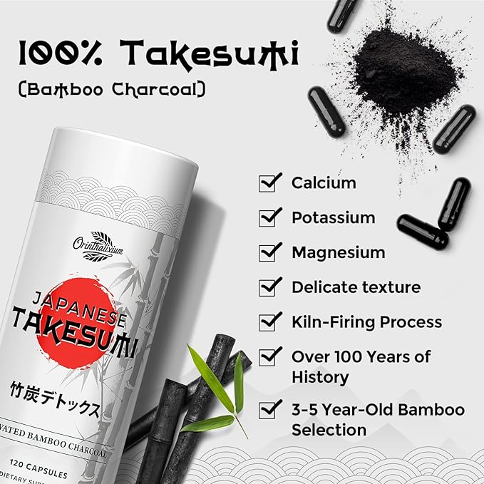 Takesumi Bamboo Charcoal 2000mg – Activated Charcoal from Bamboo for Max Absorption Detox &amp Gut 120 Vegan Capsules（2 Bottle）
