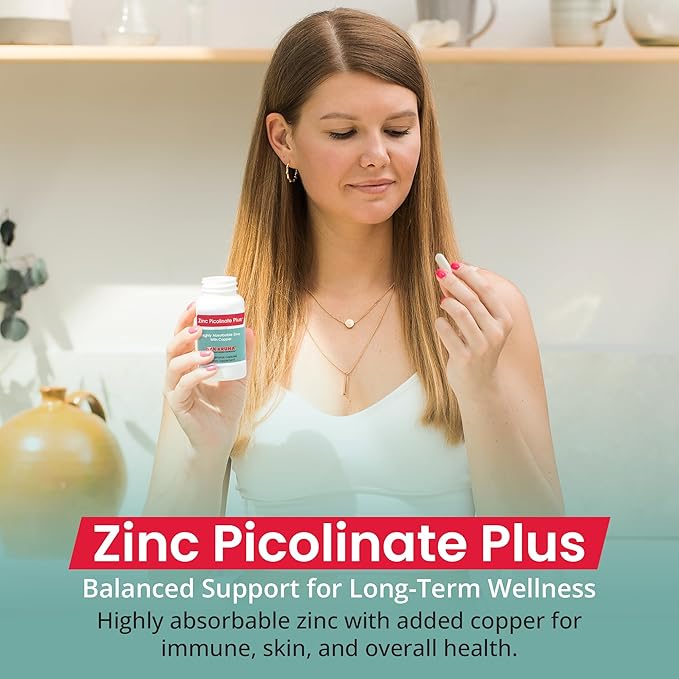 Karuna Zinc Picolinate Plus 60 Vegetarian Capsules | 25 MG Plus 2.5 MG Copper for BALACED Long Term USE | Supporting Immune Function Skin Health Development and Overall Well-Being.