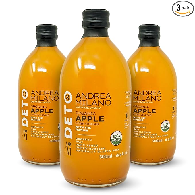 Andrea Milano Organic Apple Cider Vinegar – Raw Italian Natural Vinegar with the Mother Unfiltered Unpasteurized Non-GMO Vegan Bulk Glass Bottle (16.9 fl oz(Pack of 3))