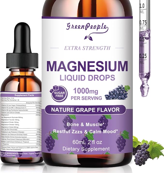 GREENPEOPLE Magnesium Glycinate Liquid Drops - 1000mg 5-in-1 High Absorption Liquid Magnesium for Sleep with D3/K2/B6 | Fast-Acting Bone Muscle &amp Sleep | Sugar-Free Grape Flavor 2fl Oz