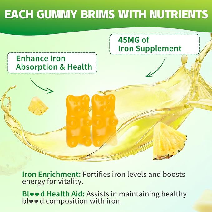 Pack of 2 Iron Gummies for Women &amp Men Iron Supplement Plus Calcium Zinc Folate &amp Vitamin B12 C B6 - Energy Support Immune Health Pineapple Flavor 120 Count