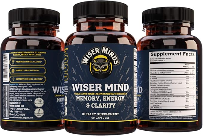 Wiser Mind Nootropic | Memory Focus Mental Clarity Supplement | Lions Mane Ashwagandha