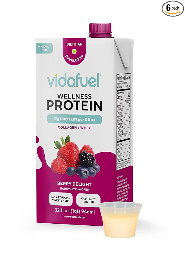 Vidafuel Concentrated Protein Shot - 16g of Protein per 2oz. - Collagen &amp Whey Protein Drink No Artificial Sweeteners 32 fl oz. - Berry 6 Count