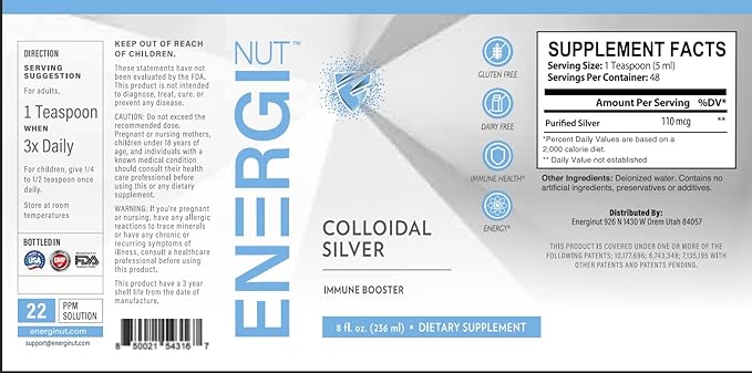 ENERGI Colloidal Silver Liquid Immune Support Supplement Immunity System Supplement for Adults and Kids Colloidal Silver Drops or Spray 8 Fl Oz Bottle