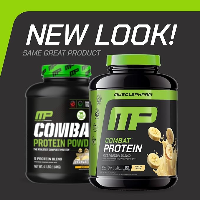 MusclePharm Combat Protein Powder Banana Cream Flavor Fuels Muscles for Productive Workouts 5 Protein Sources including Whey Protein Isolate &amp Egg Albumin Gluten Free 4 lb 52 Servings