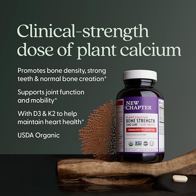 New Chapter Calcium Supplement - Bone Strength Plant-Based USDA Organic Calcium with Magnesium Vitamin D3+K2 for Bone Health &amp Joint Mobility Heart Support 905 mg dose - 180 Slim Tablets