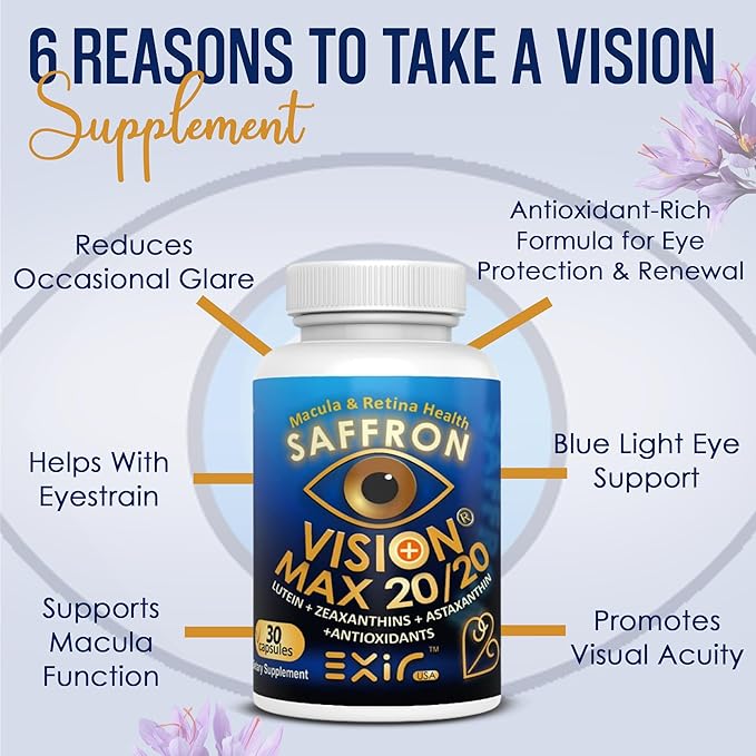 EXIR Eye Vitamin Supplement | Saffron Curcumin Astazanthin - Supports Eye Health Visual Comfort &amp Focus VM20-30 Capsules