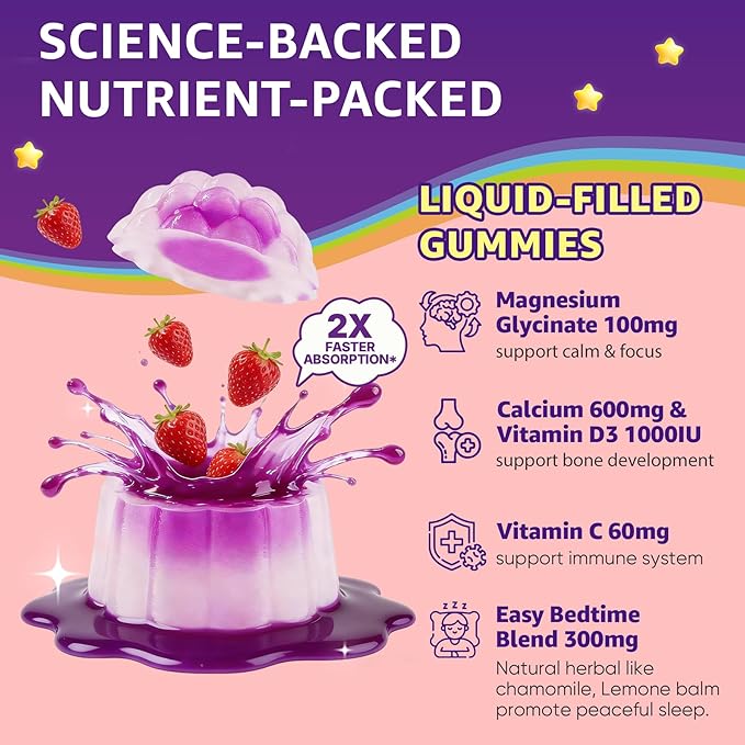 Kids Sleep Gummies - Magnesium Glycinate for Kid Melatonin Free Nighttime Gummies | with Vitamin C for Immune Calcium &amp D3 for Growth | GummieJel Liquid-Filled Melatonin Alternative 60ct