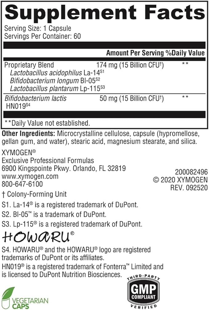 XYMOGEN ProbioMax Daily 30B - Probiotics for Digestive Health Support - Lactobacillus Acidophilus &amp Bifidobacterium Lactis HN019 - Vegetarian Gluten-Free &amp Non-GMO - 60 Capsules