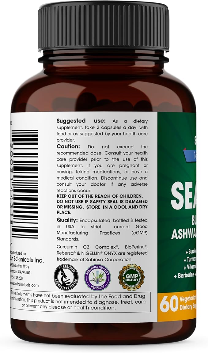 SANDHUHERBALS Sea Moss Black Seed Oil Ashwagandha Ginger Burdock Root TurmericBlack Pepper | 60 Capsules (Pack of 3)