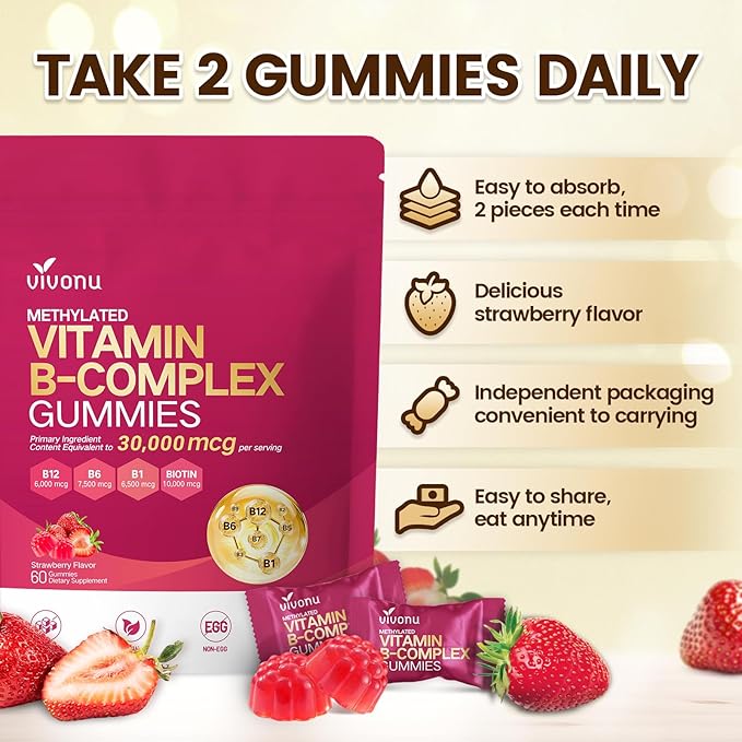 VivoNu Vitamin B Complex Gummies 6000 mcg Methylated Vitamin B12 with B6 B1 B2 B3 B5 B7 Methylfolate Vitamins A C D E Vegan Non GMO Methylated B Complex Vitamin (4 Bag)