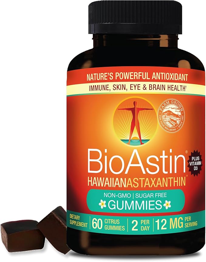 Nutrex Hawaii BioAstin Hawaiian Astaxanthin - 12mg 60 Gummies - Farm-Direct Premium Antioxidant Supplement to Support Eye Skin Joint &amp Immune System Health - Non-GMO &amp Gluten-Free