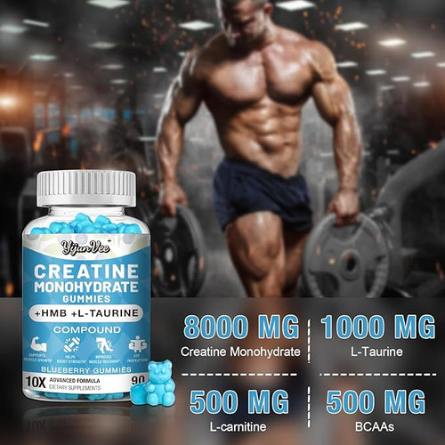 8000MG Creatine HMB Monohydrate Gummies for Men &amp Women - L-CarnitineL-Taurine &amp Vitamin B6 1210X Absorption8 Gram of Creatine Monohydrate per Serving Blueberry Flavor Gummy180 Counts
