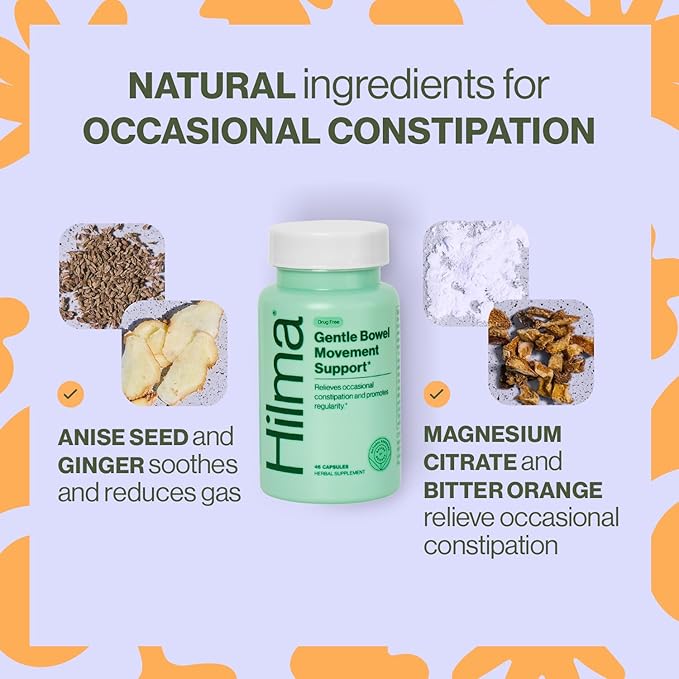 Hilma Daily Movement Duo for Constipation &amp Bloating Relief for Women Gas Plus Bloat Relief (50 Vegan Capsules) w/Lemon &amp Peppermint Gentle Bowel Movement (46 Vegan Capsules) w/Magnesium &am