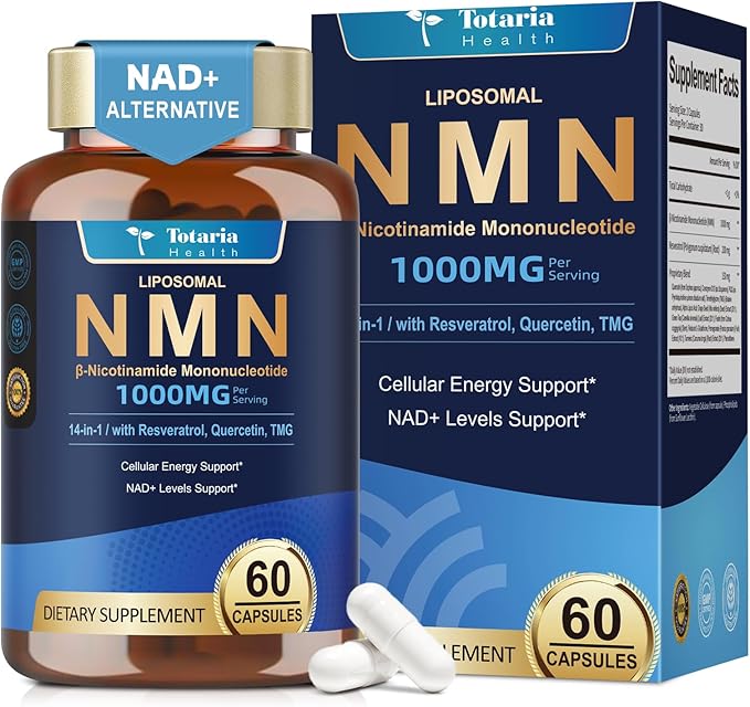 Totaria Liposomal NMN Supplement 1000mg 14-in-1 NMN Resveratrol Complex with CoQ10 TMG Quercetin ALA PQQ Support NAD Levels Cellular Energy &amp Healthy Aging 60 Capsules cGMP Filler Free