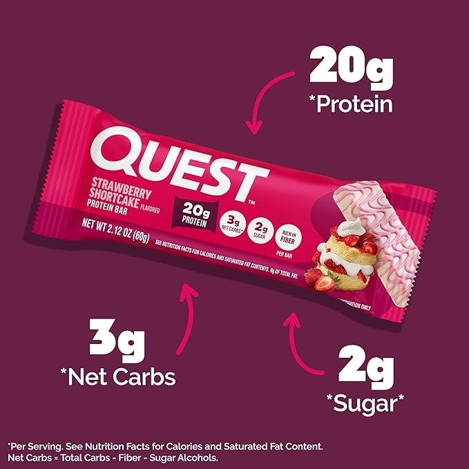 Quest Nutrition Protein Bars Strawberry Shortcake 20g Protein 2g Sugar 3g Net Carbs 10g Fiber Gluten Free 12 Count