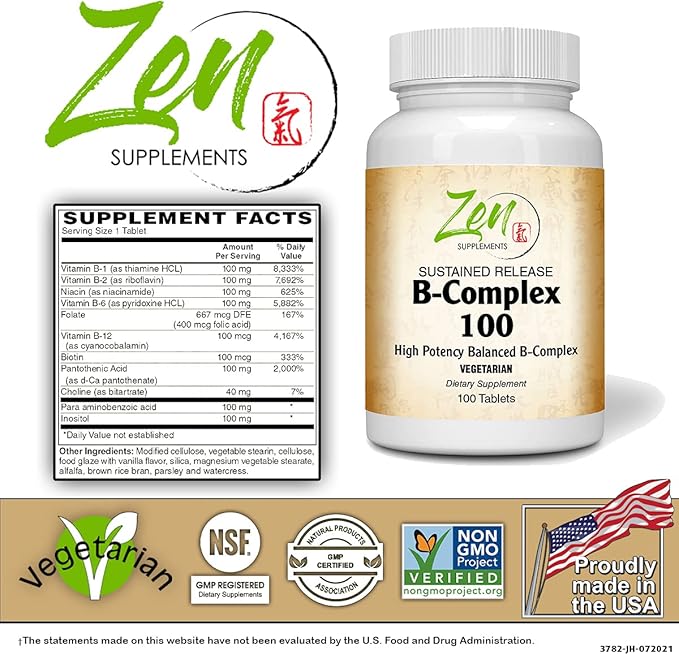 Complete B-Complex Vitamin Supplement - B Vitamin Supplement Complex with Folic Acid Biotin Inositol - for Immune &amp Cardio Health Energy Metabolism - 100 Sustained-Release Tablets