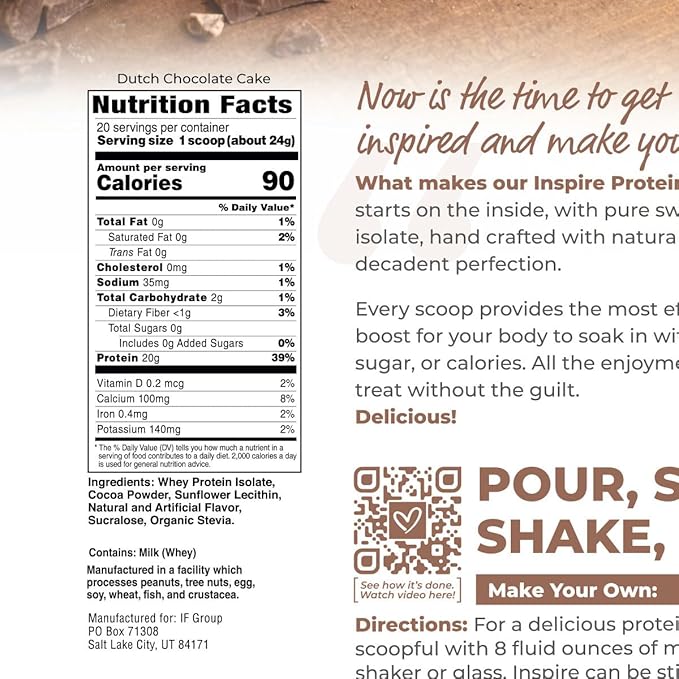 Bariatric Eating Inspire 20g Whey Protein Isolate Powder - Dutch Chocolate Cake (20 Servings)