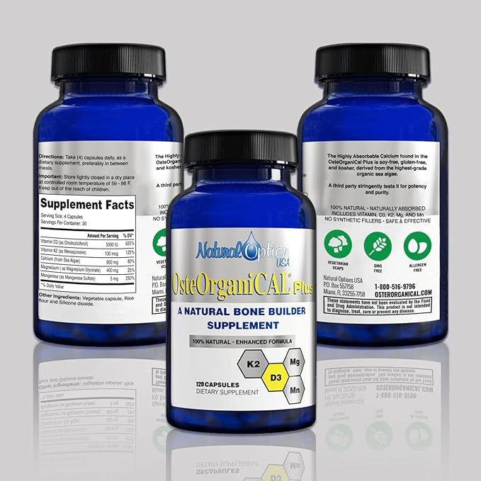 Plus - Organic Plant Base Source of Calcium Supplement with Vitamin D3 k2 Magnesium Glycinate and Manganese (720 Count) Pack of 6